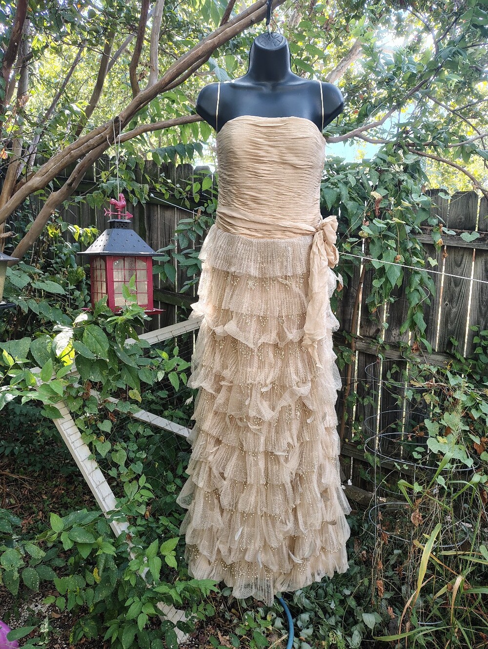 Vintage Silk Tiered Flapper 1920's Evening Gown w/ Feathers & Pearls